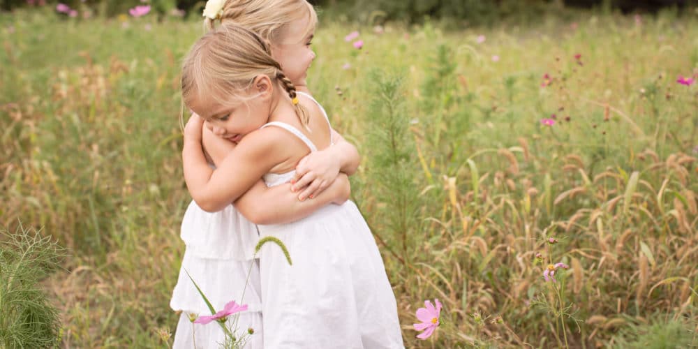 Two sisters hugging in a field of wildflowers by Northern Virginia photographer Rebecca Danzenbaker